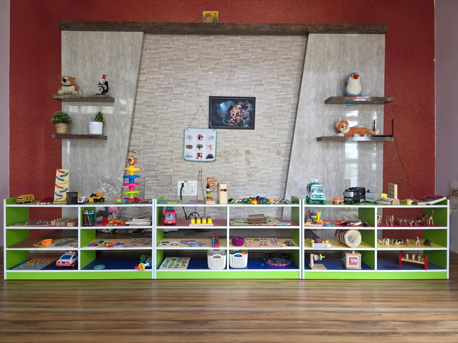 Montessori material shelves at FlyHigh