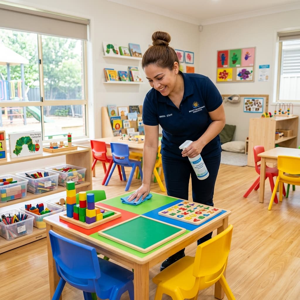 Staff sanitizing a colorful play table at FlyHigh Pre School